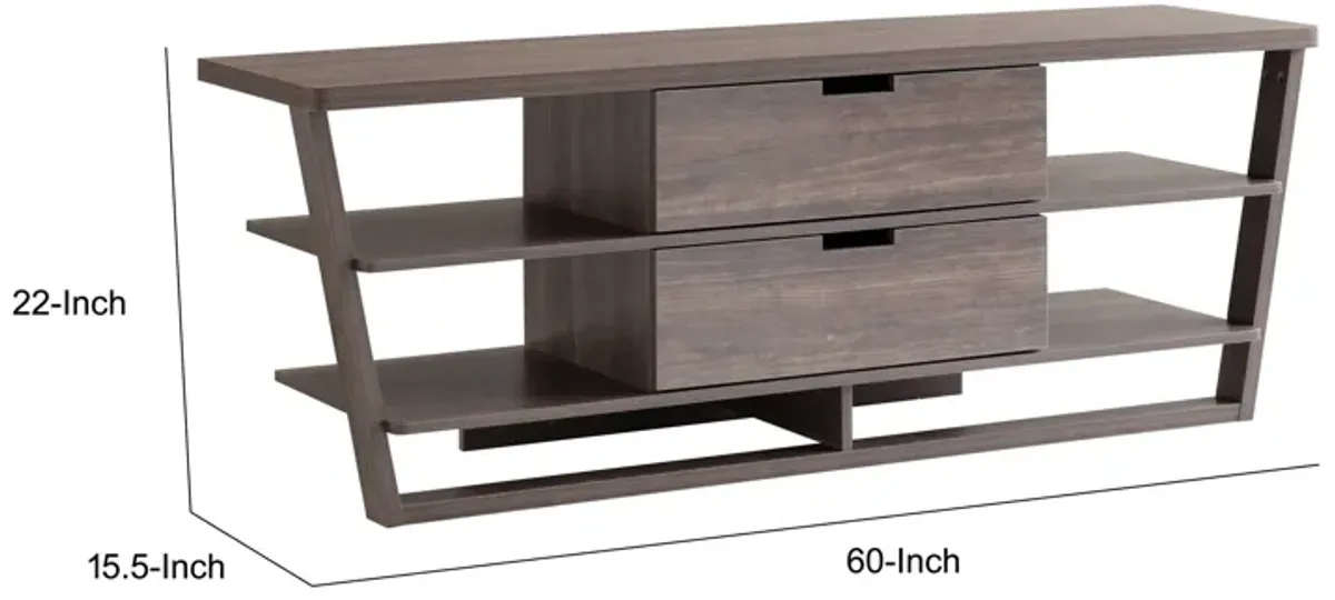 60 Inch TV Media Entertainment Console, 4 Floating Shelves, 2 Drawer, Brown-Benzara