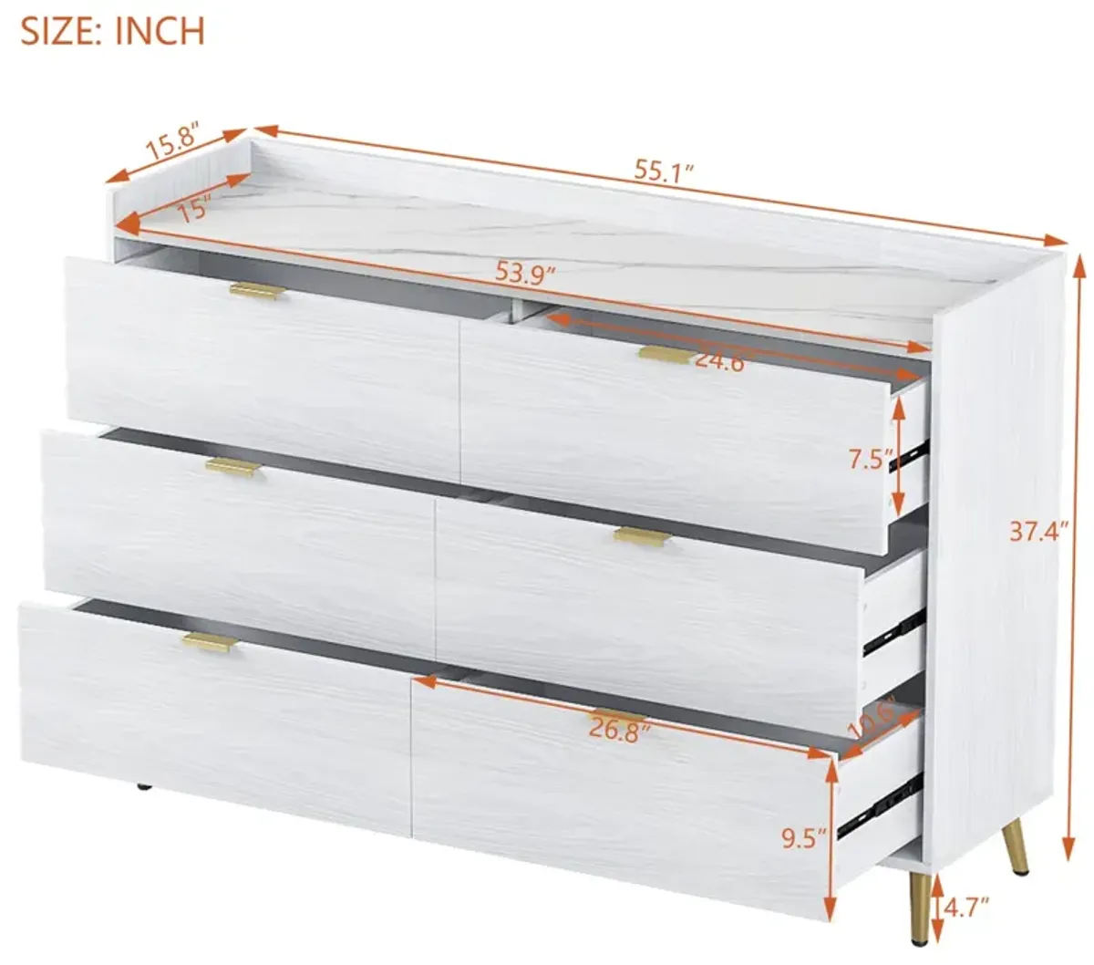 6-drawer marble top dresser, modern white cabinet