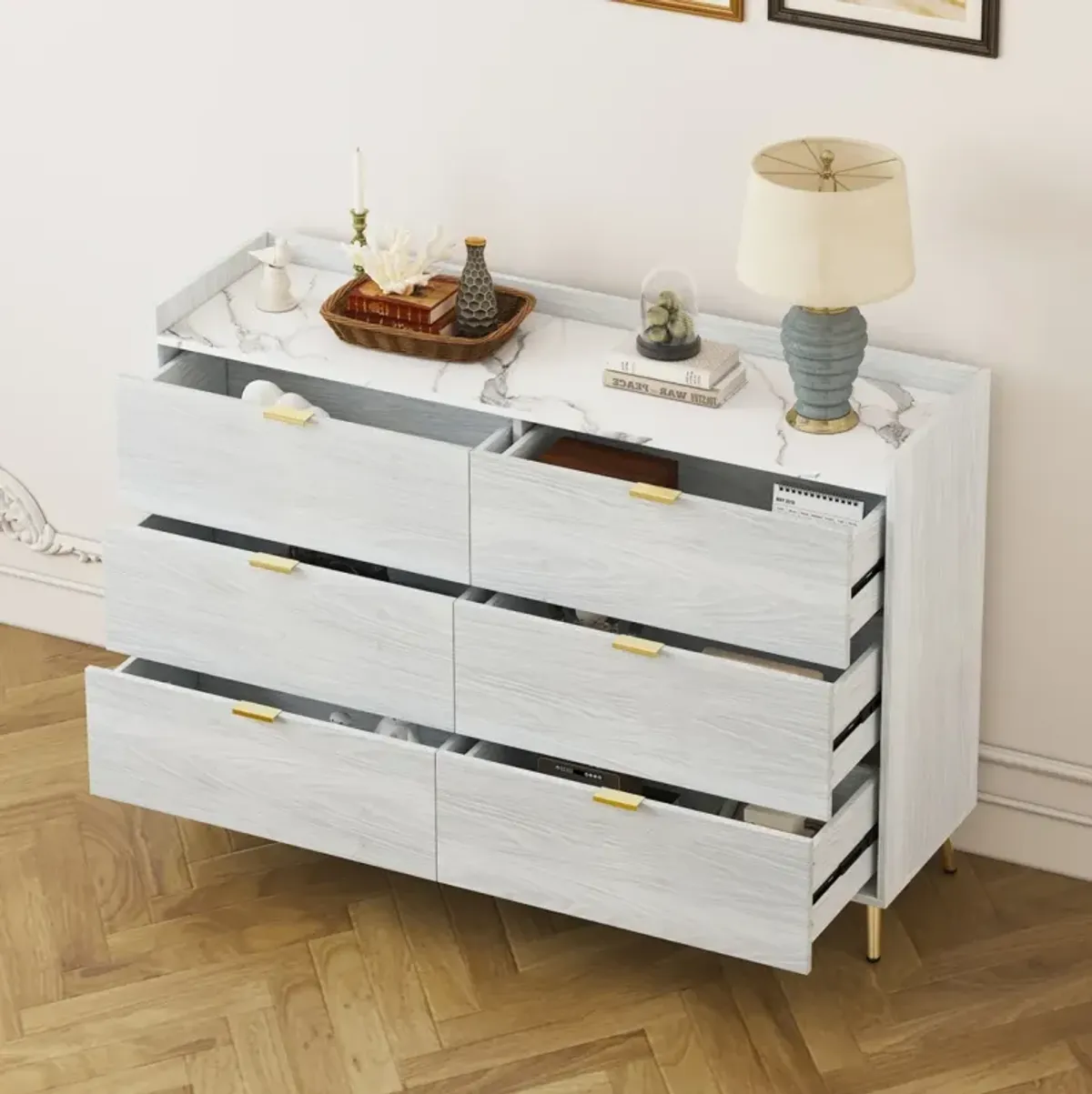 6-drawer marble top dresser, modern white cabinet