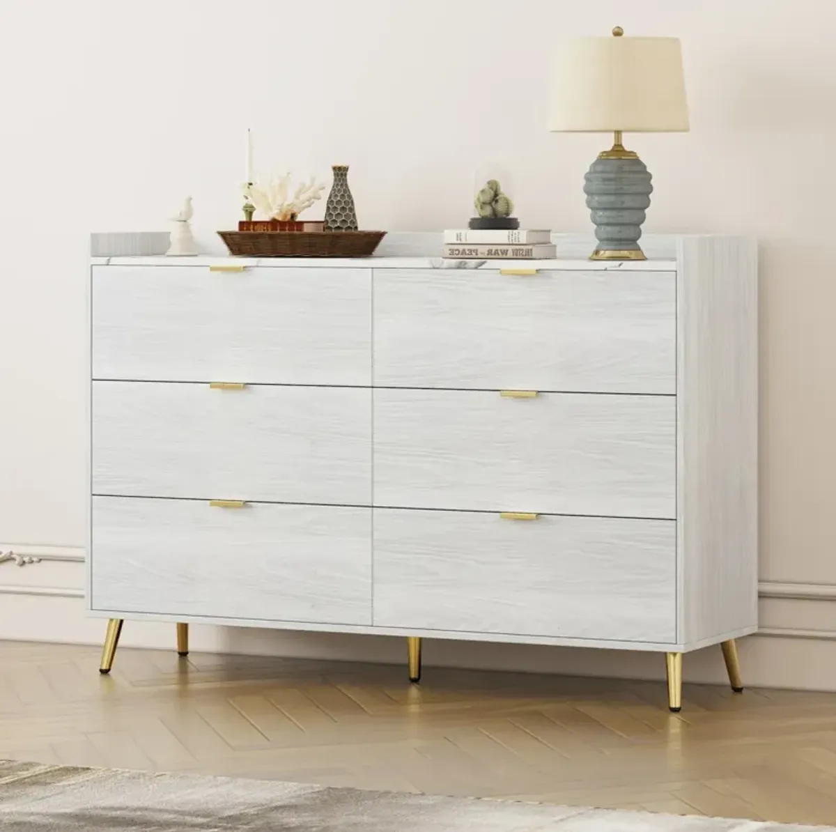 6-drawer marble top dresser, modern white cabinet