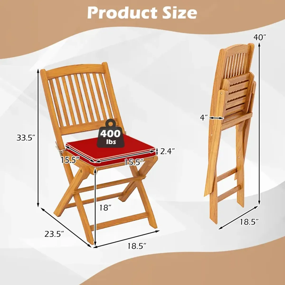 Outdoor Folding Chairs with Seat Cushions Set of 2