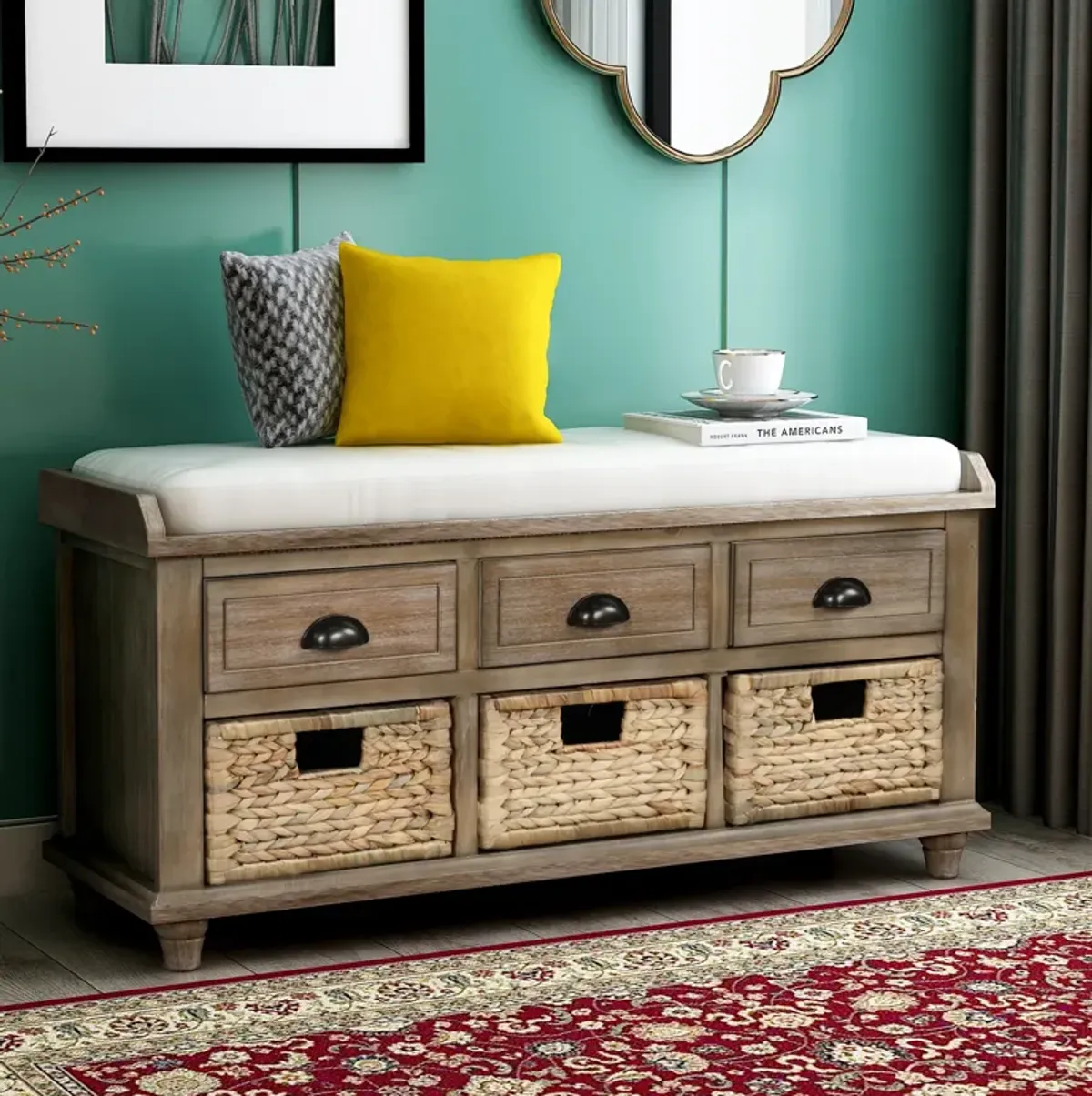 Rustic Storage Bench With 3 Drawers And 3 Rattan Baskets, Shoe Bench For Living Room