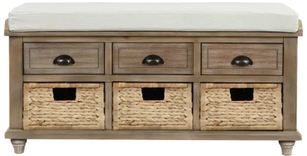 Rustic Storage Bench With 3 Drawers And 3 Rattan Baskets, Shoe Bench For Living Room