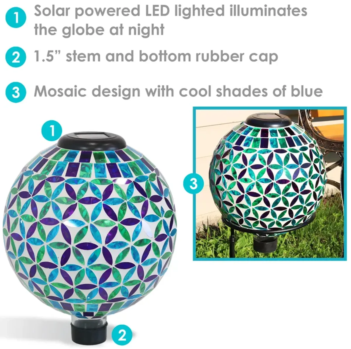 Sunnydaze Cool Blooms Glass Gazing Ball with Solar Light - 10 in