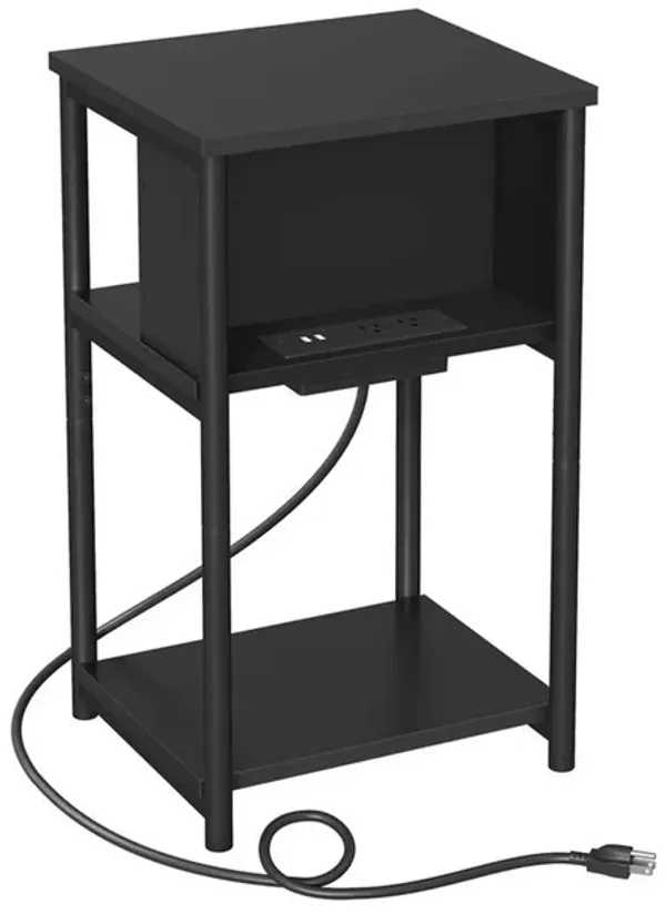 23 Inch Side End Table, USB Charging Point, Open Shelf, Black Steel Wood - Benzara