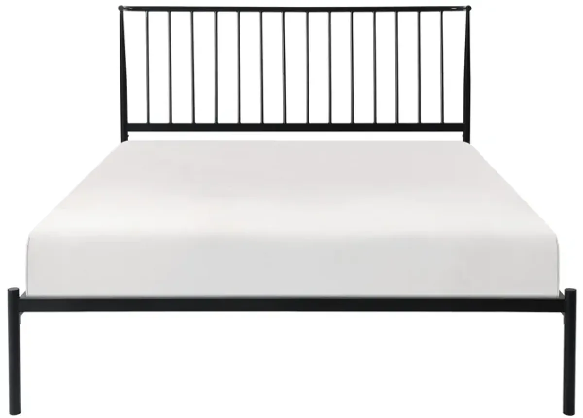 Angie Queen Bed, Platform Foundation, Slatted Headboard, Black Metal Frame - Benzara