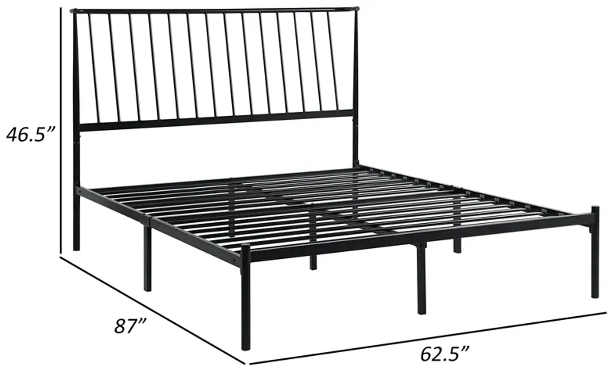 Angie Queen Bed, Platform Foundation, Slatted Headboard, Black Metal Frame - Benzara