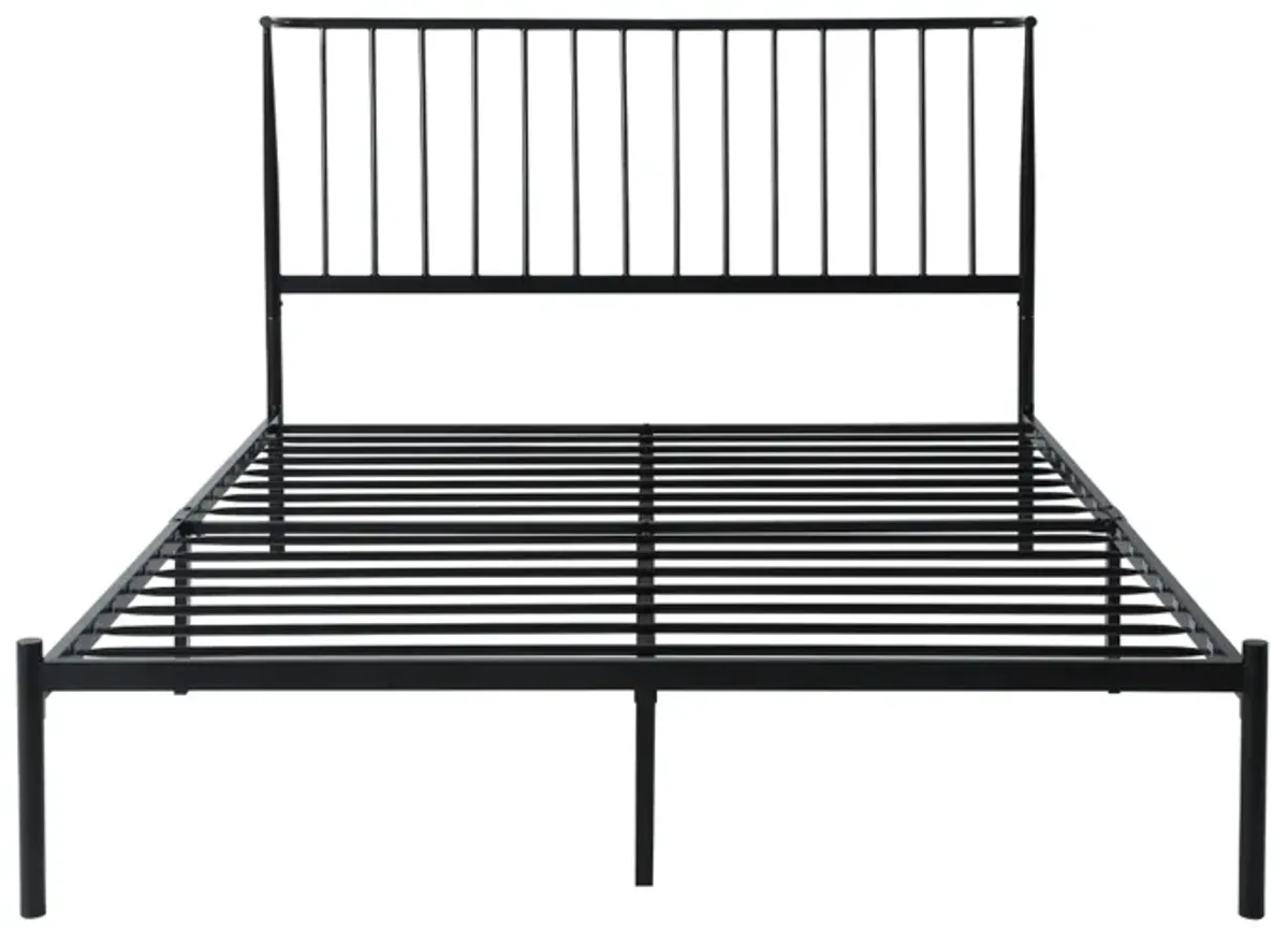 Angie Queen Bed, Platform Foundation, Slatted Headboard, Black Metal Frame - Benzara