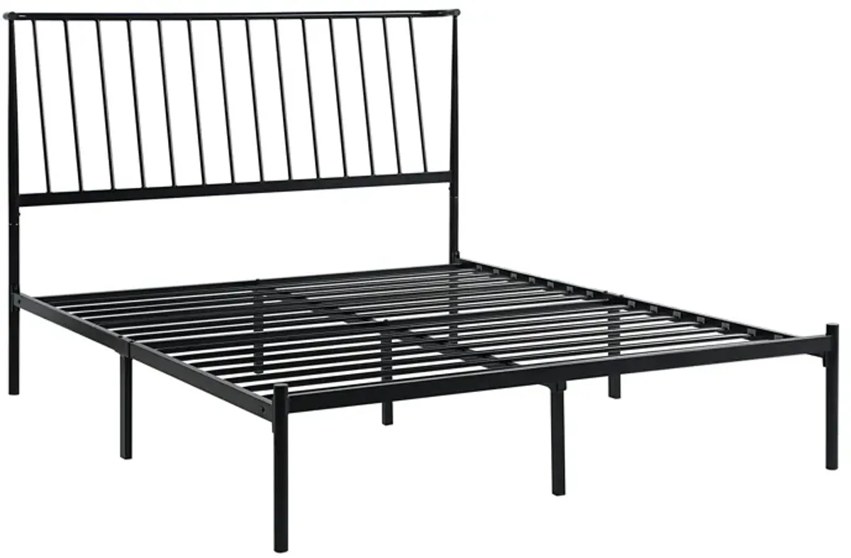 Angie Queen Bed, Platform Foundation, Slatted Headboard, Black Metal Frame - Benzara