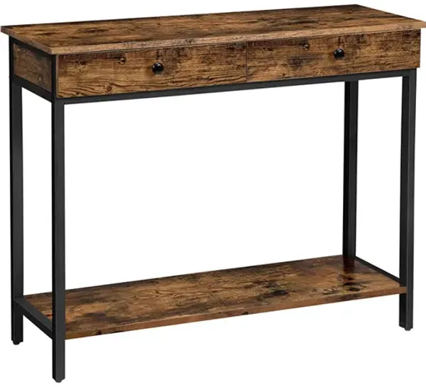 Hivvago Rustic Brown & Black Industrial Console Table with 2 Drawers