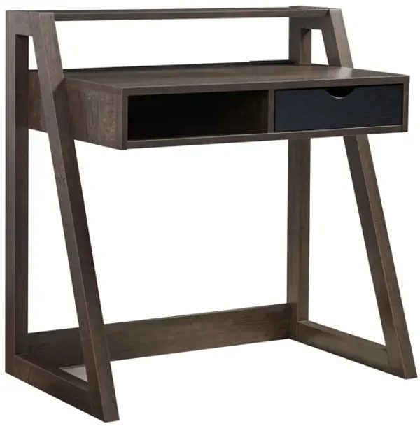 Walnut Oak & Black Home Office Desk with Lifted Shelf and USB/Power Outlet