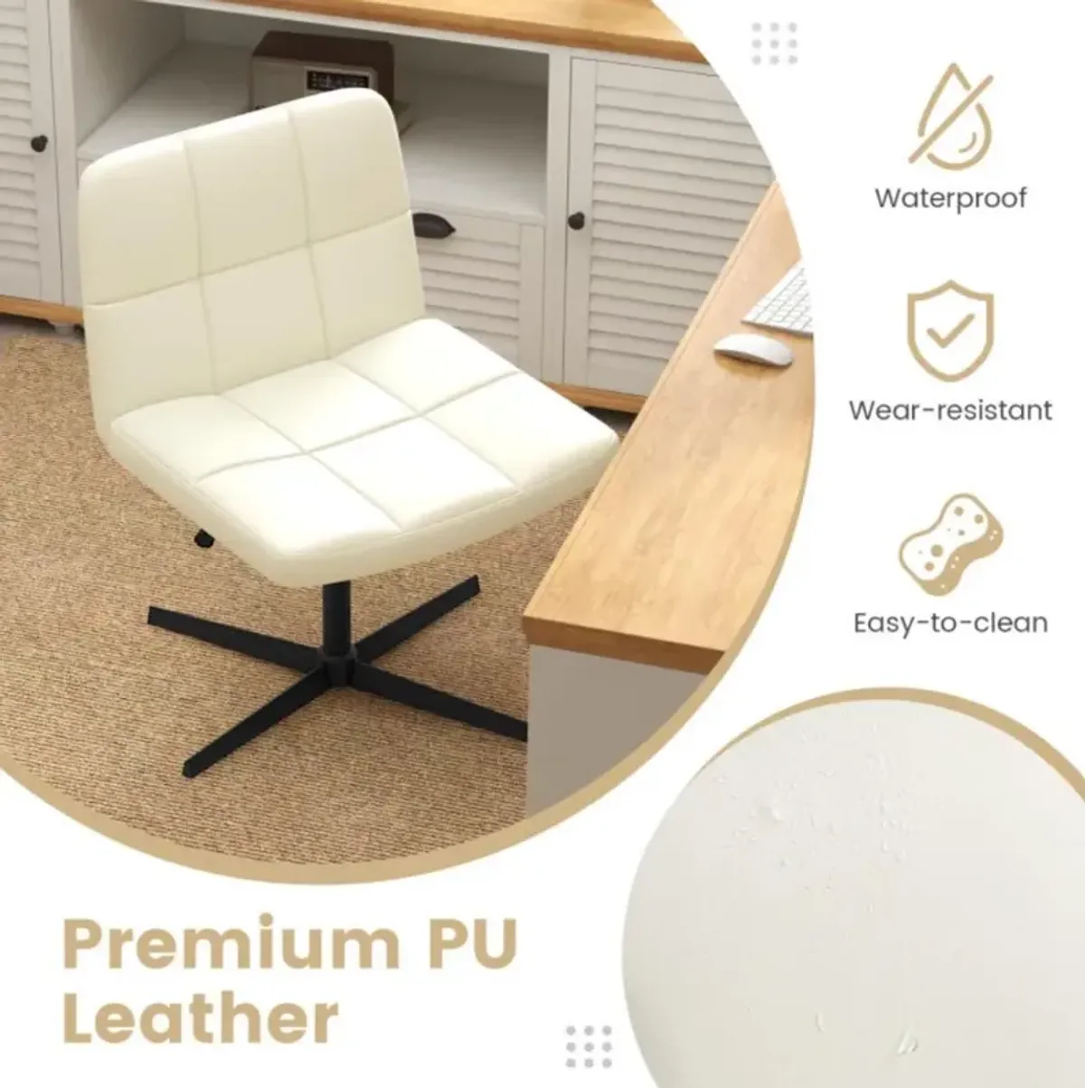 PU Leather Cross-Legged Office Chair with Oversized U-Shaped Seat for Home Office or Vanity