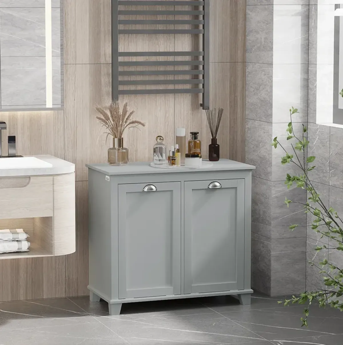 Gray Laundry Solution: Tilt-Out Two-Compartment Bathroom Sorter Cabinet
