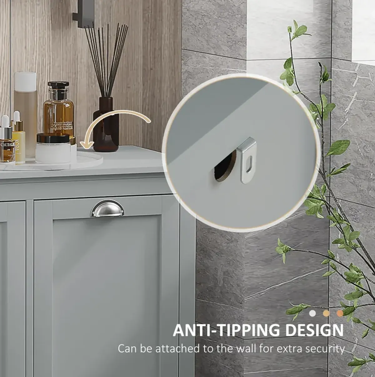 Gray Laundry Solution: Tilt-Out Two-Compartment Bathroom Sorter Cabinet