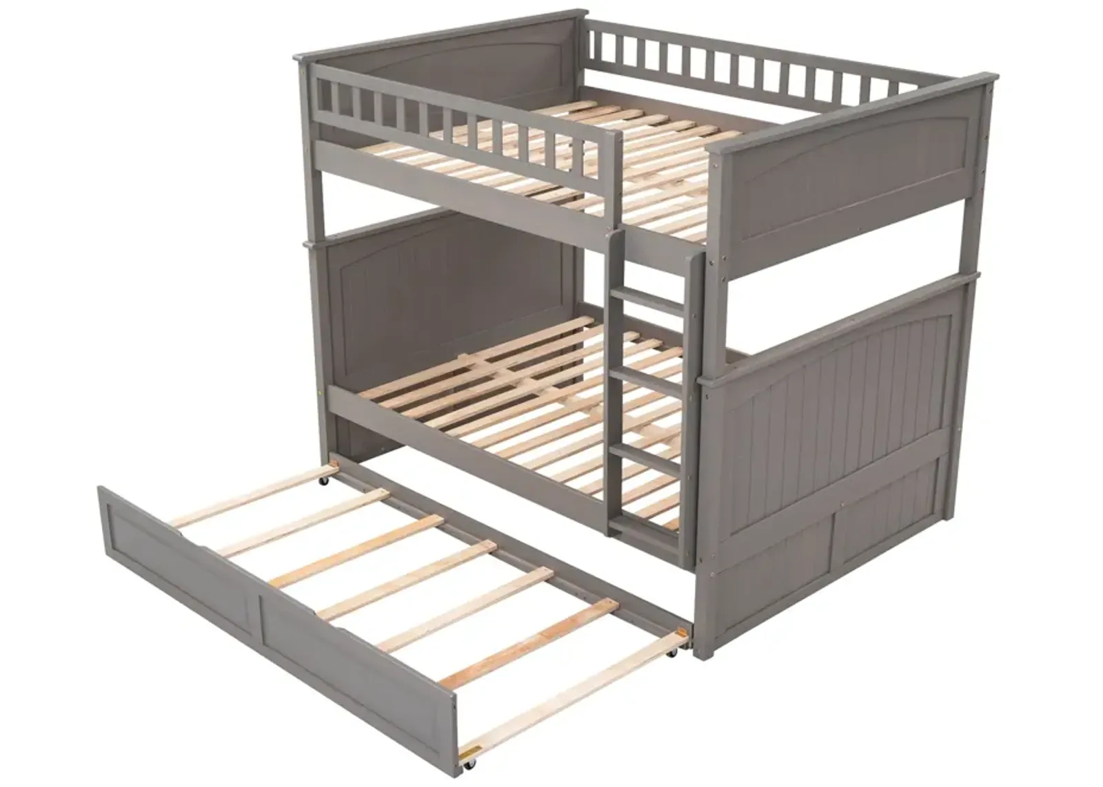 Full Over Full Bunk Bed With Twin Size Trundle, Pine Wood Bunk Bed With Guardrails, Gold