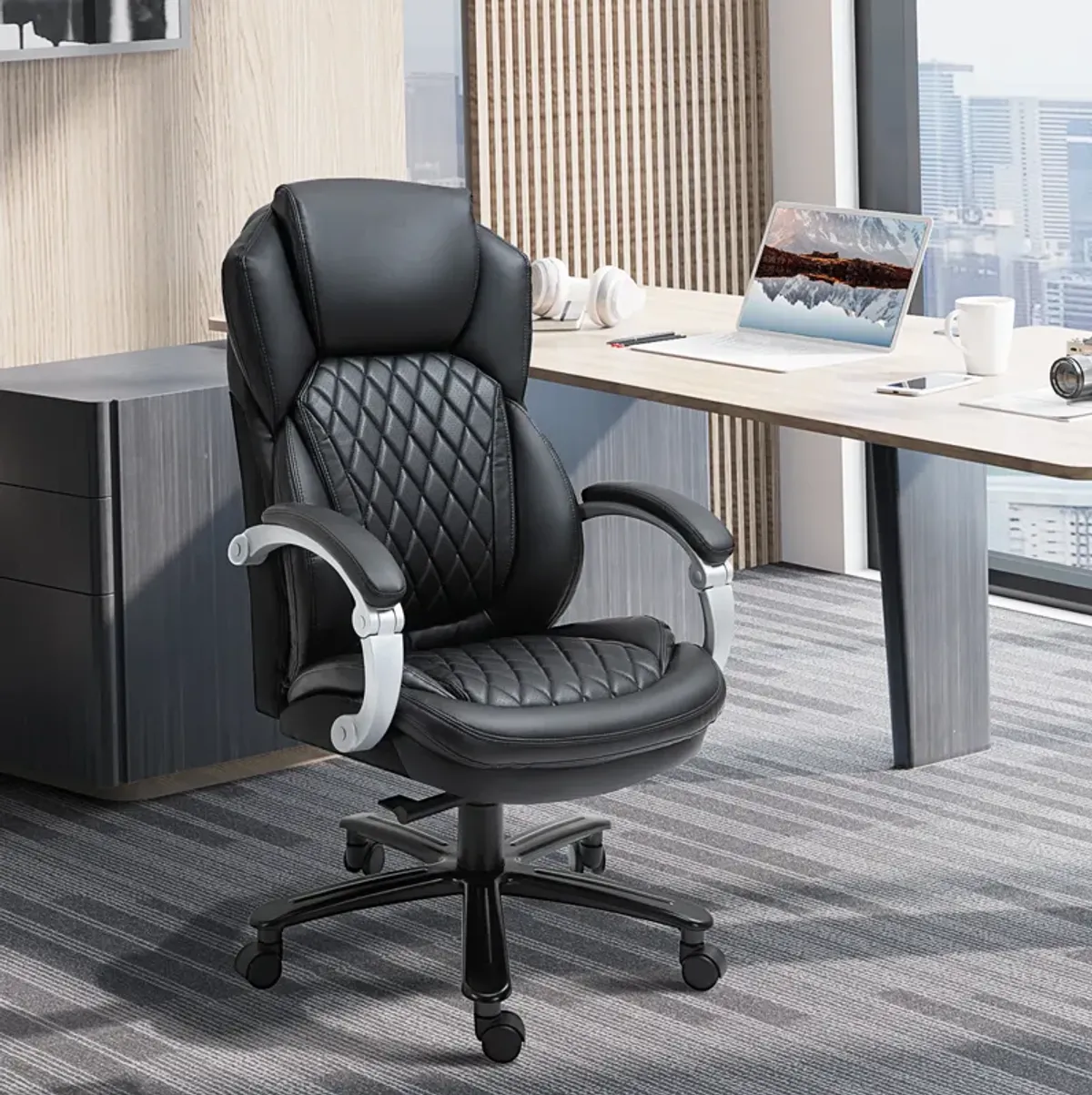 Vinsetto Big and Tall Executive Office Chair with Wide Seat, Computer Desk Chair with High Back Diamond Stitching, Adjustable Height & Swivel Wheels, Brown