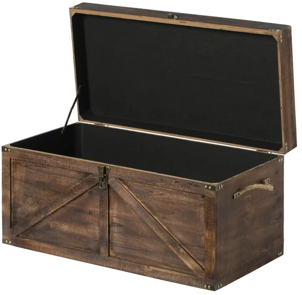 Brown Large Wooden Lockable Trunk Farmhouse Style Rustic Design Lined Storage Chest with Rope Handles