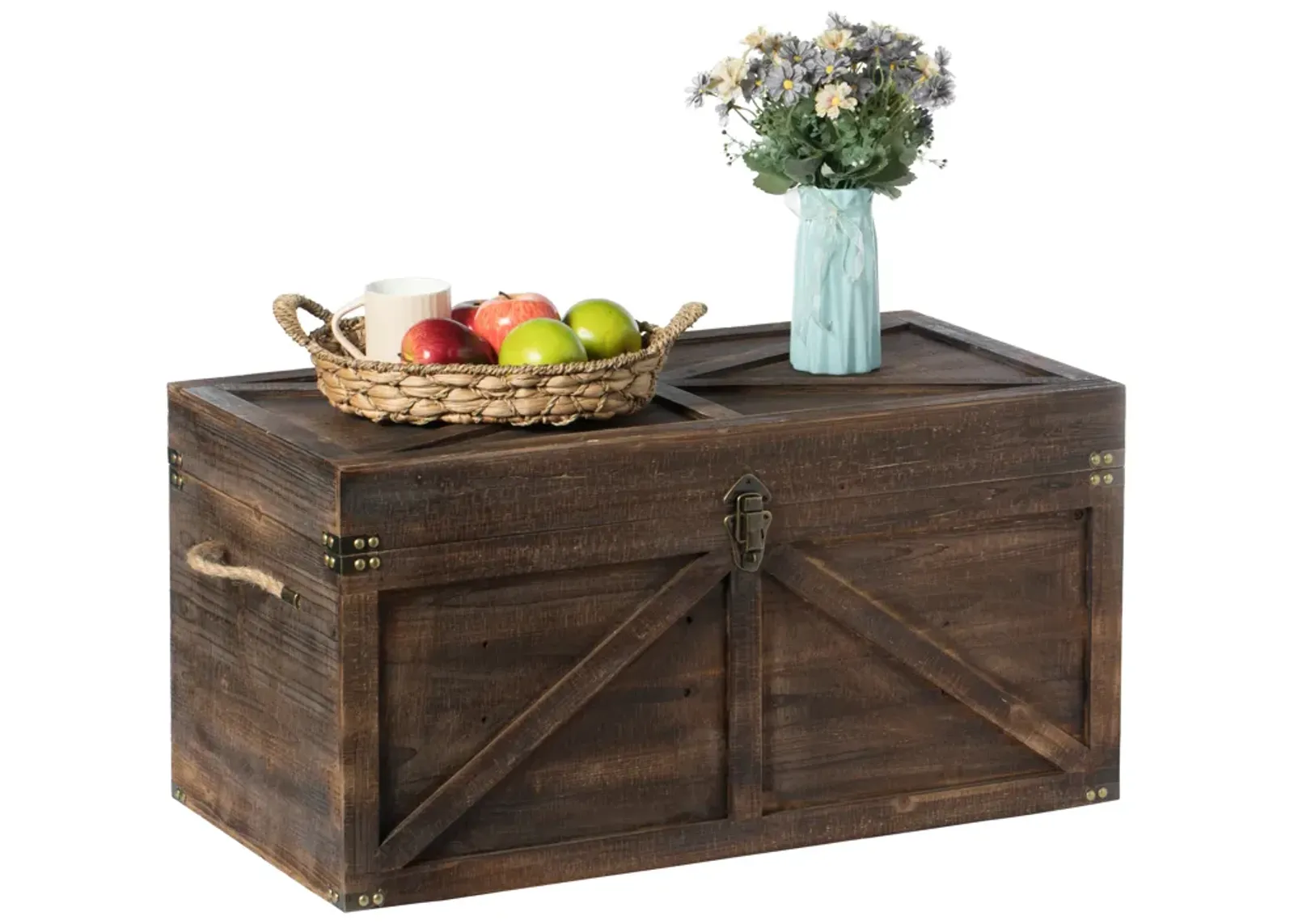 Brown Large Wooden Lockable Trunk Farmhouse Style Rustic Design Lined Storage Chest with Rope Handles