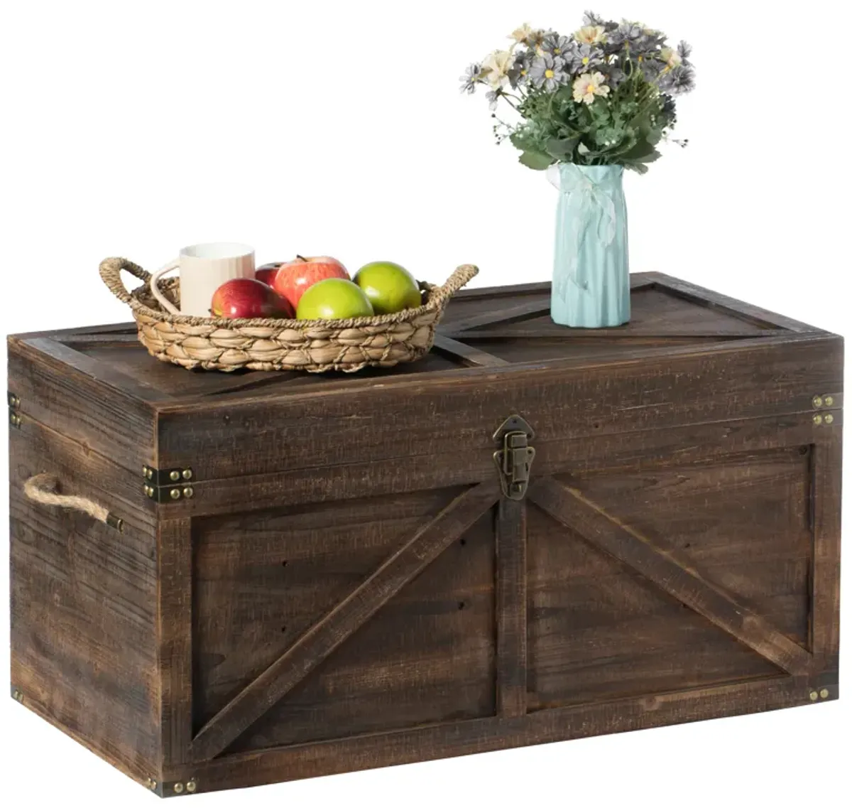 Brown Large Wooden Lockable Trunk Farmhouse Style Rustic Design Lined Storage Chest with Rope Handles