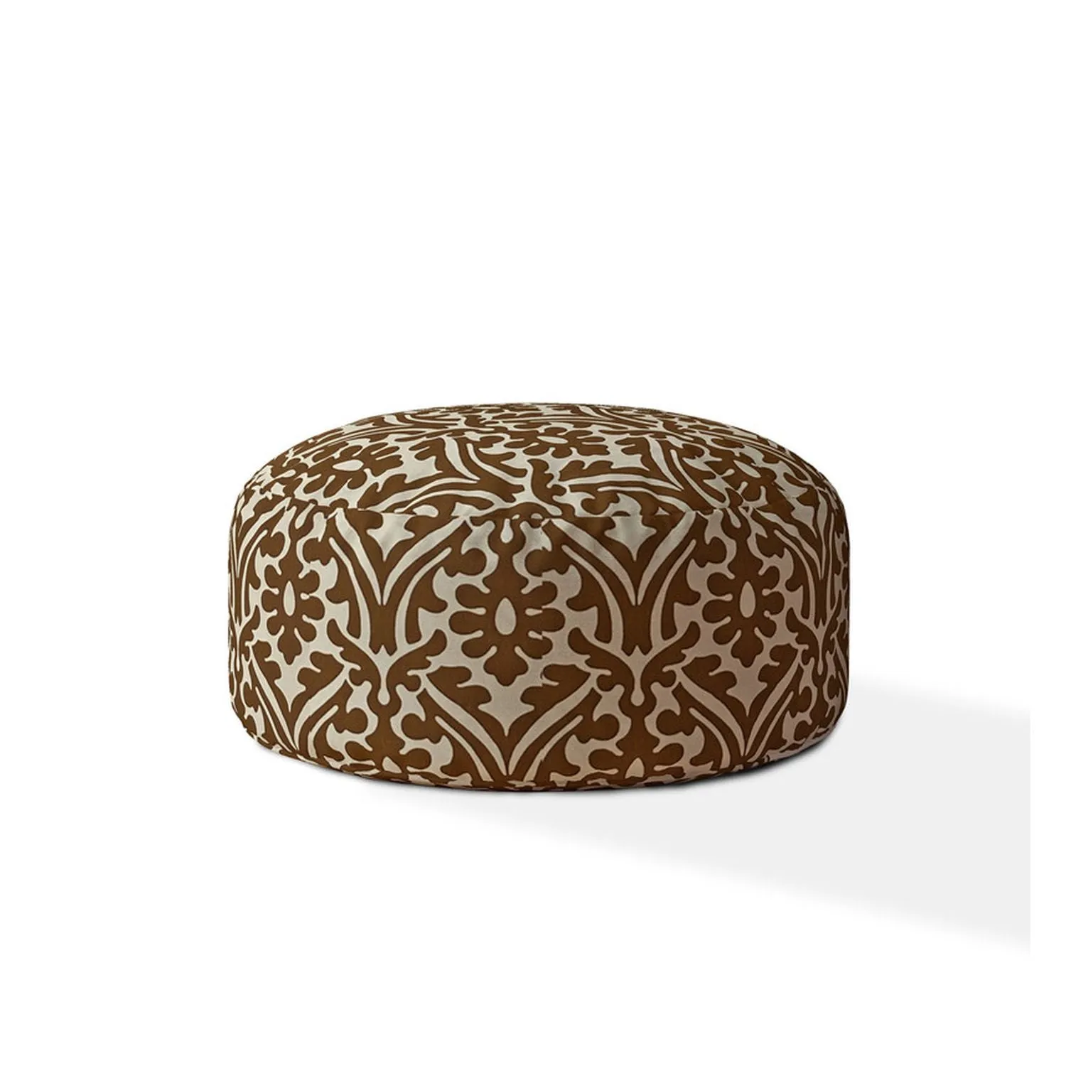 Homezia 24" Brown Cotton Round Damask Pouf Ottoman