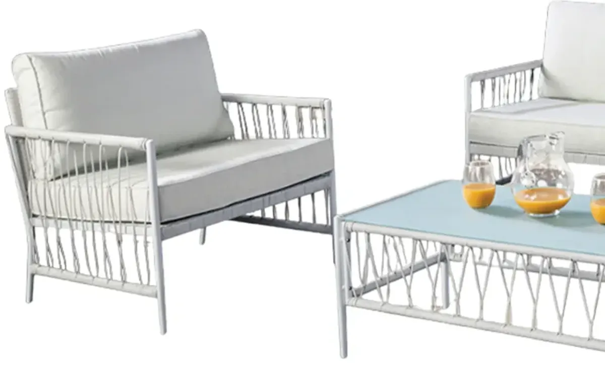 Hema 4 Piece Patio Set with 2 Chairs, Table, and Sofa, White Fabric, Metal