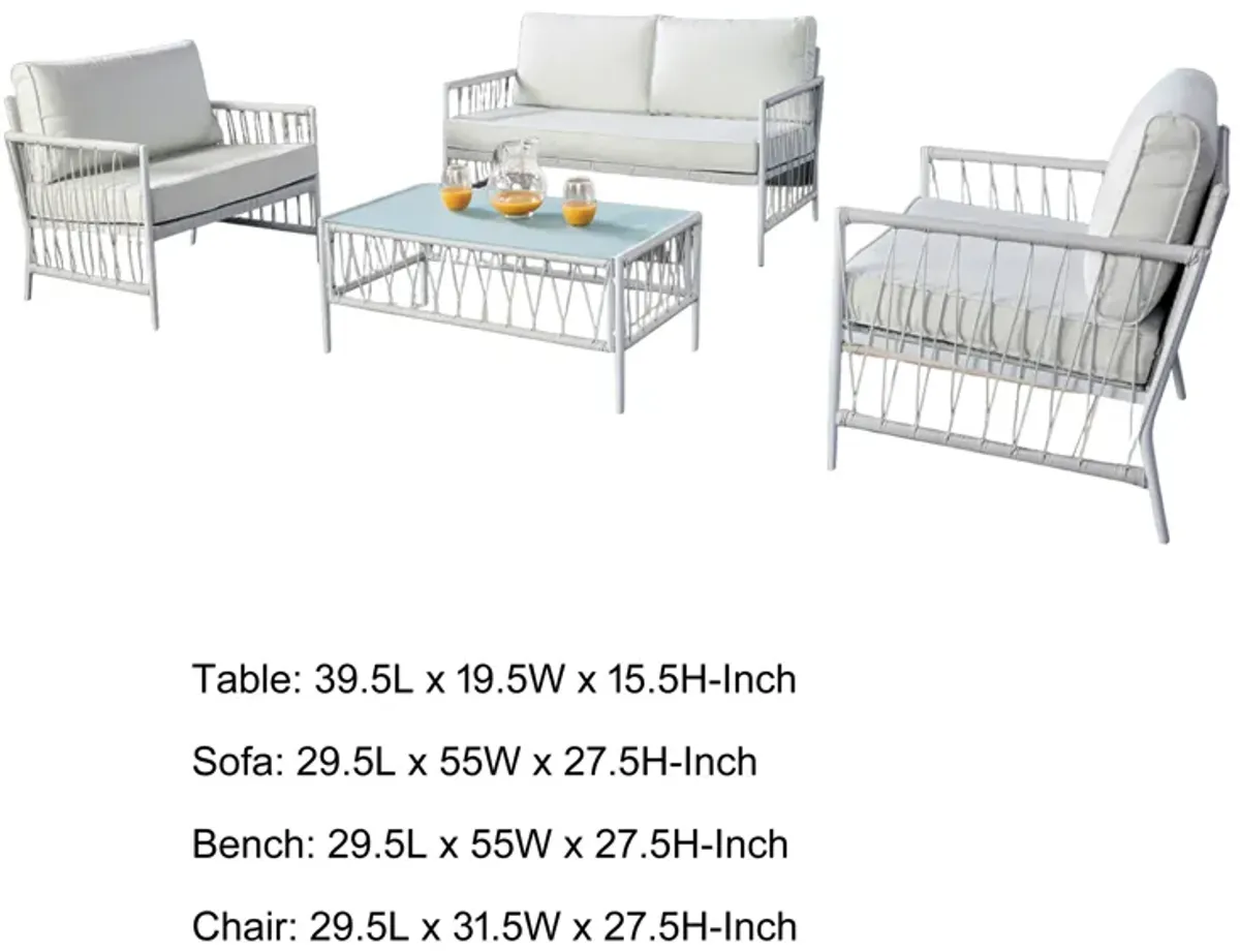 Hema 4 Piece Patio Set with 2 Chairs, Table, and Sofa, White Fabric, Metal