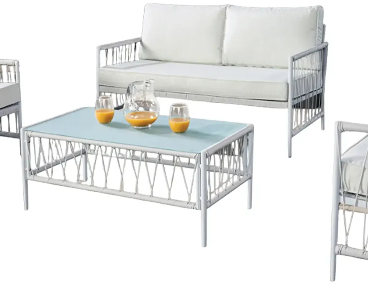 Hema 4 Piece Patio Set with 2 Chairs, Table, and Sofa, White Fabric, Metal