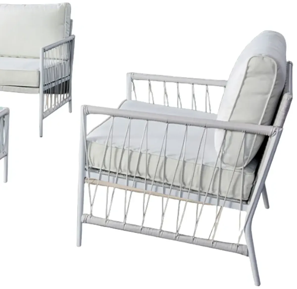 Hema 4 Piece Patio Set with 2 Chairs, Table, and Sofa, White Fabric, Metal