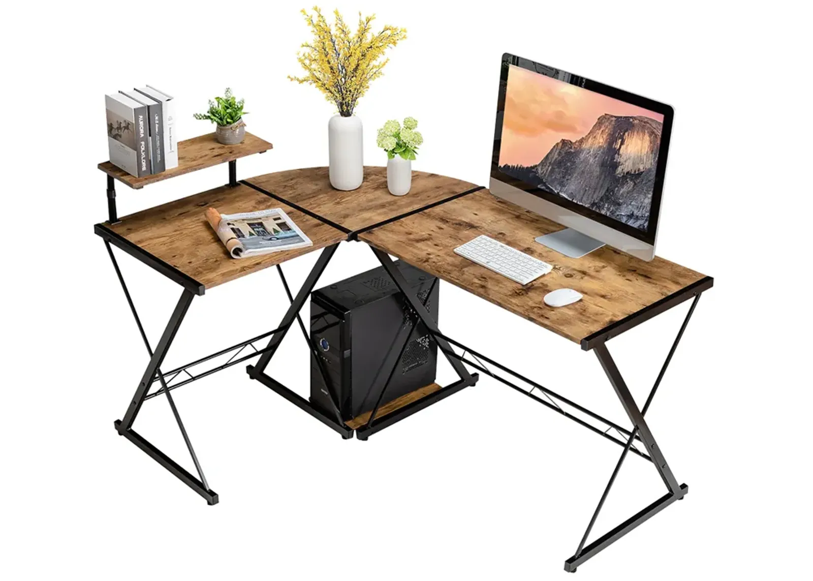 Costway 58'' x 44'' L-Shaped Computer Gaming Desk w/ Monitor Stand & Host Tray Home Office Antique