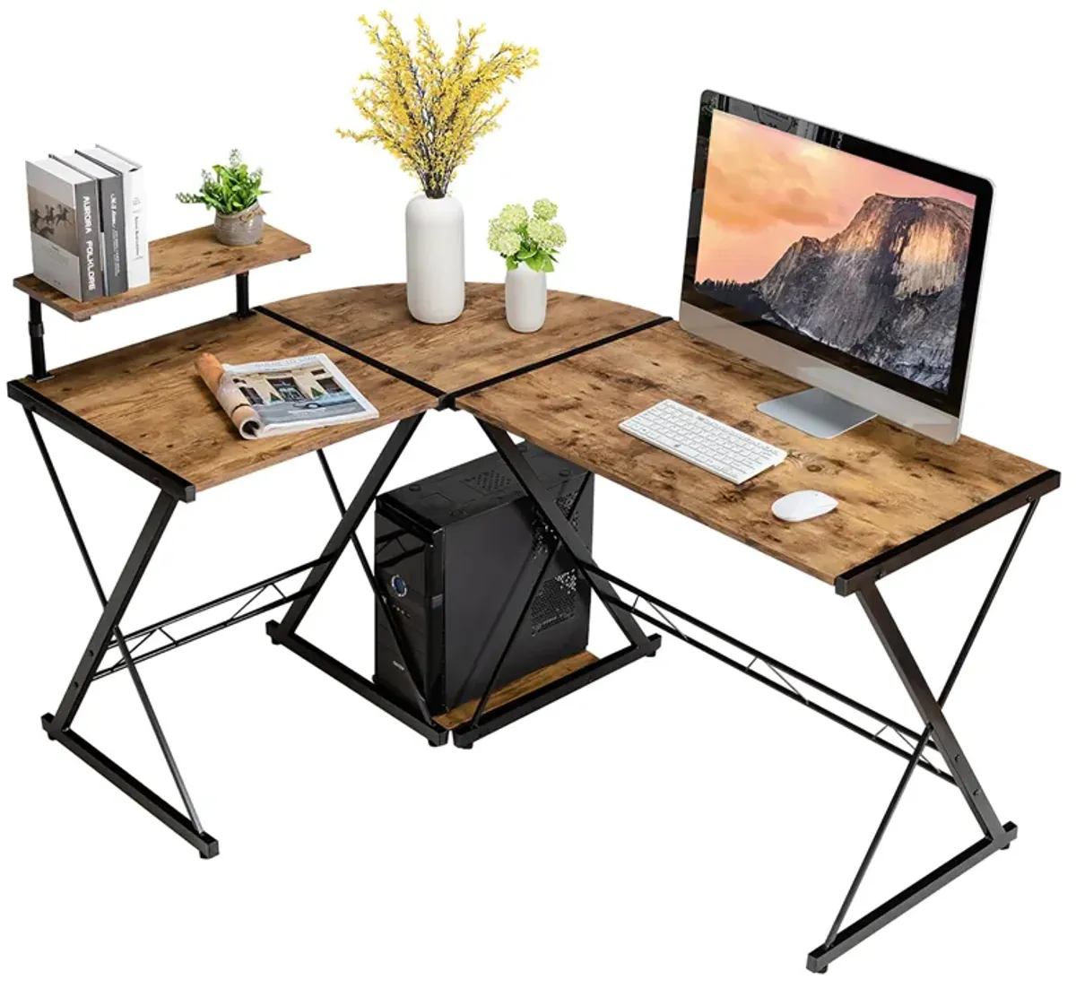 Costway 58'' x 44'' L-Shaped Computer Gaming Desk w/ Monitor Stand & Host Tray Home Office Antique