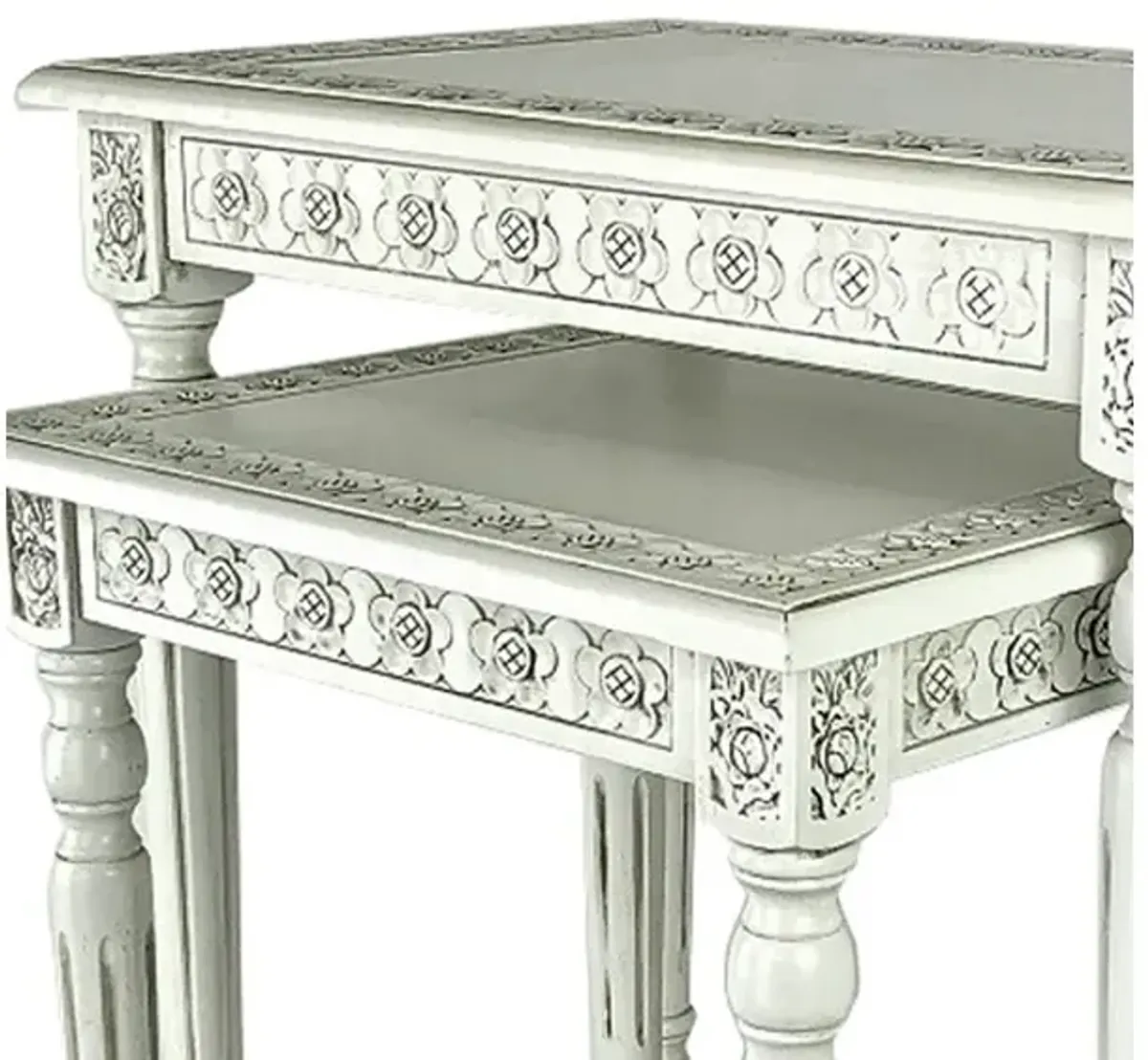 Elegantly Engraved Wooden Frame Nesting Table, Set of 2, Antique White - Benzara