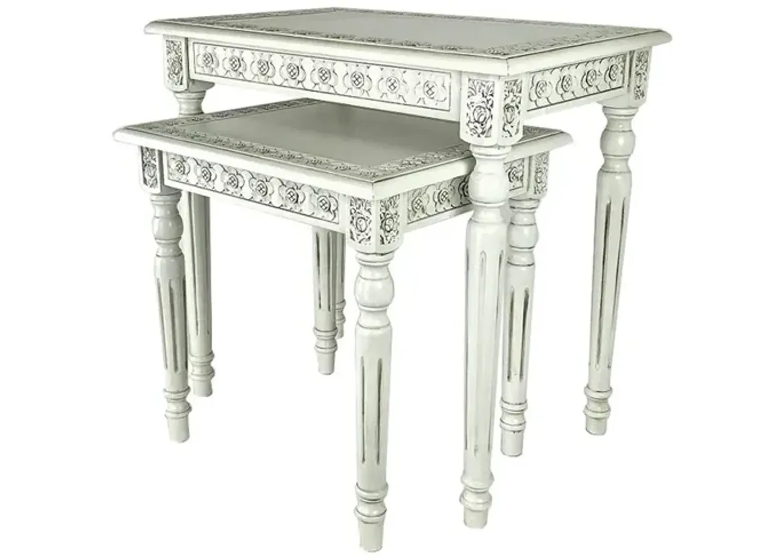 Elegantly Engraved Wooden Frame Nesting Table, Set of 2, Antique White - Benzara