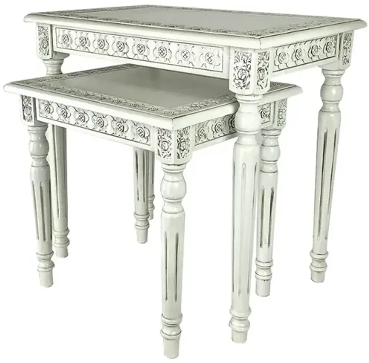 Elegantly Engraved Wooden Frame Nesting Table, Set of 2, Antique White - Benzara