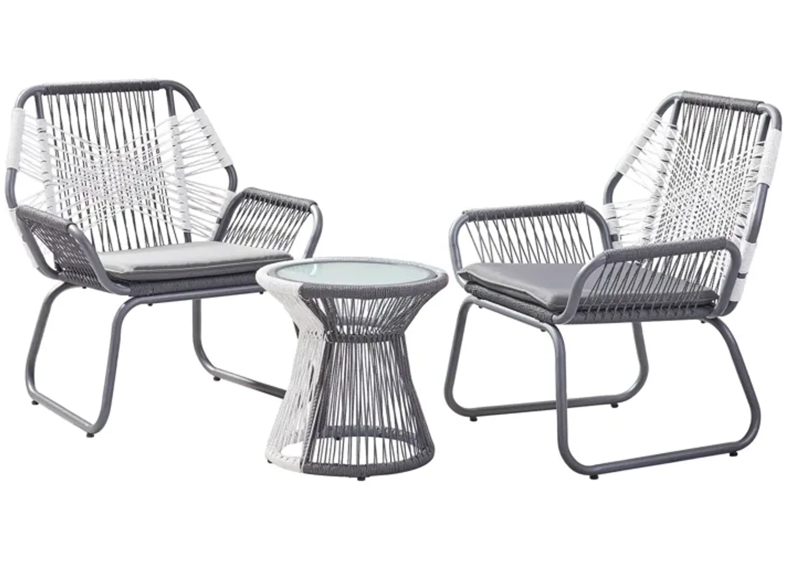 Ciao 3 Piece Outdoor Set, 2 Chairs, 1 Table, Gray Woven Rope and Steel