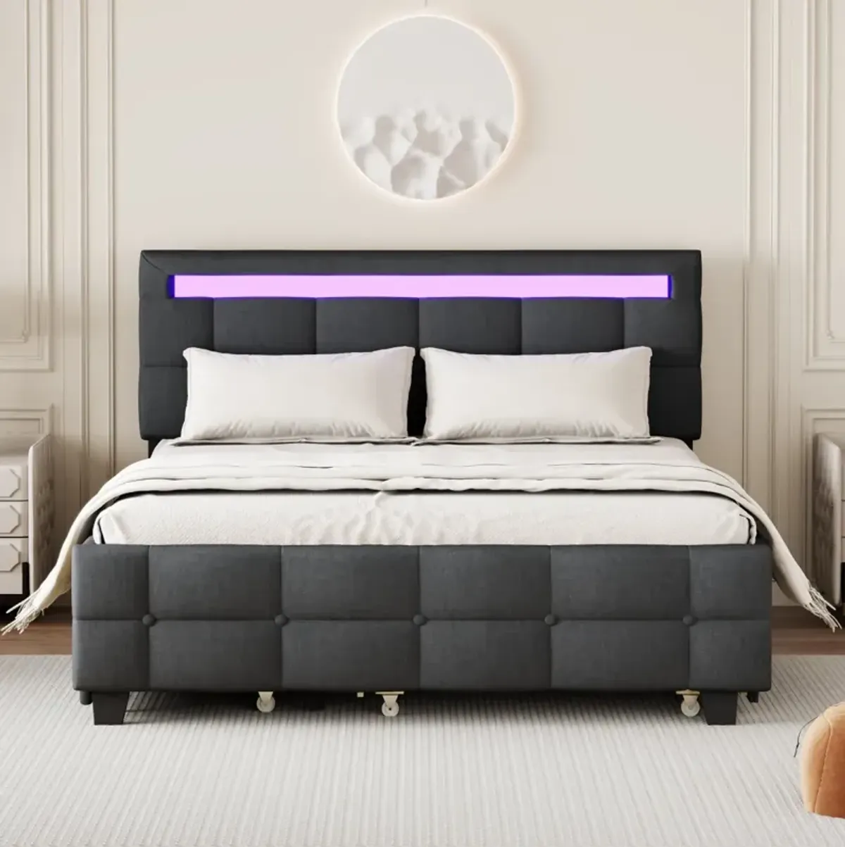 Upholstered Platform Bed with LED Frame, Trundle, Drawers