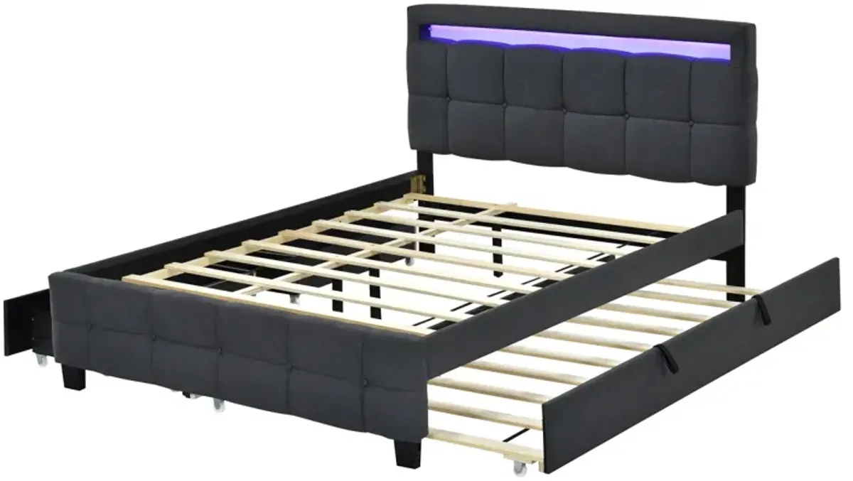 Upholstered Platform Bed with LED Frame, Trundle, Drawers