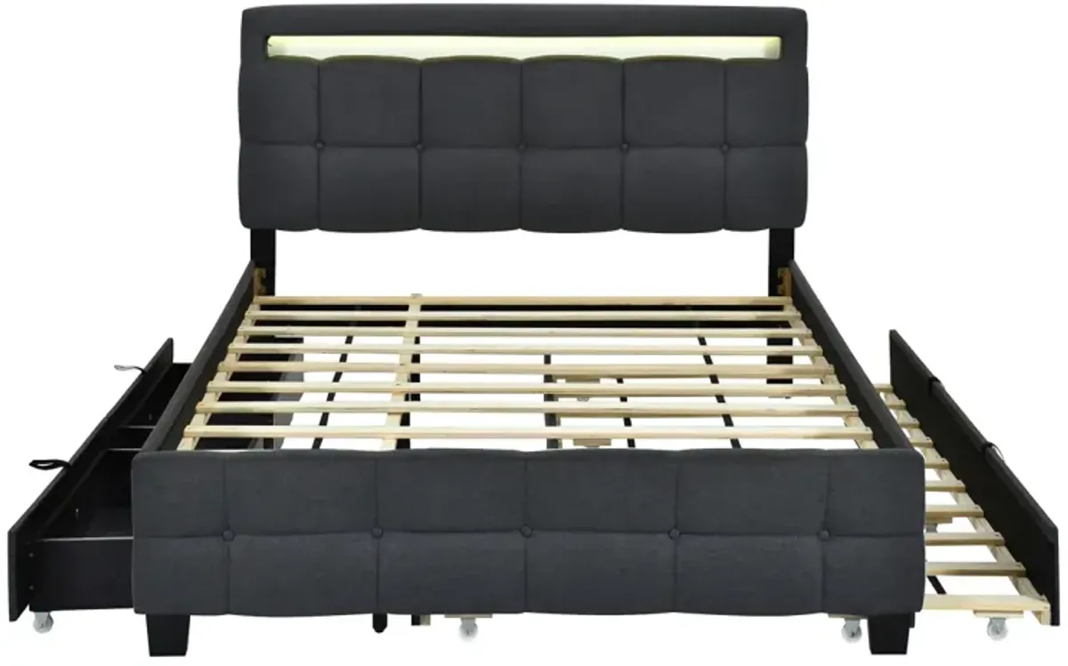 Upholstered Platform Bed with LED Frame, Trundle, Drawers