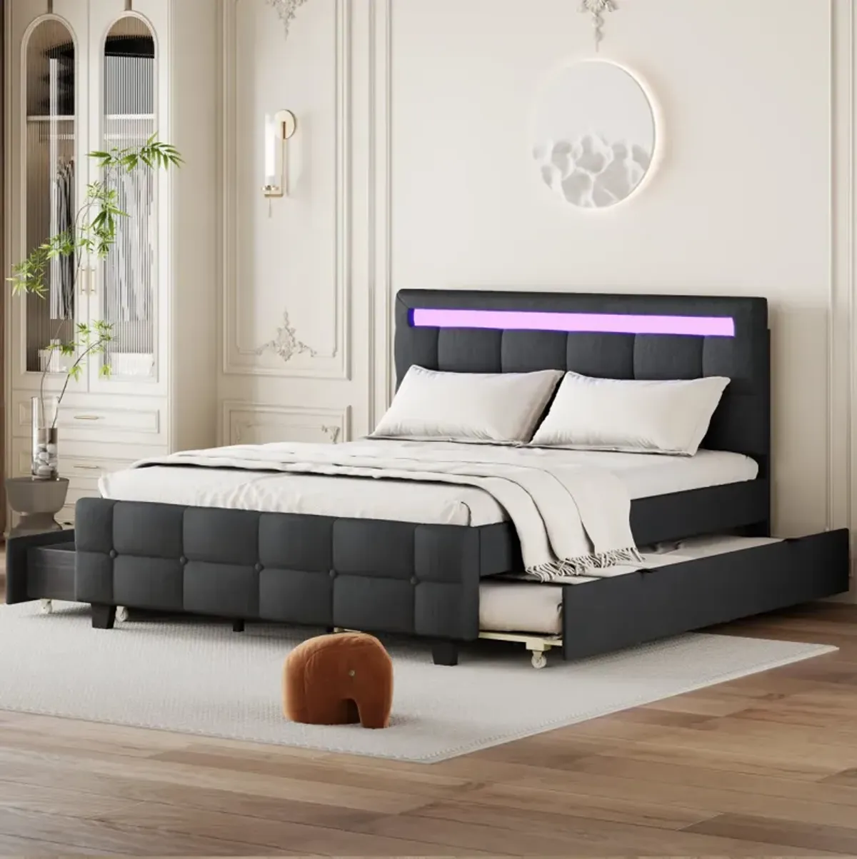 Upholstered Platform Bed with LED Frame, Trundle, Drawers