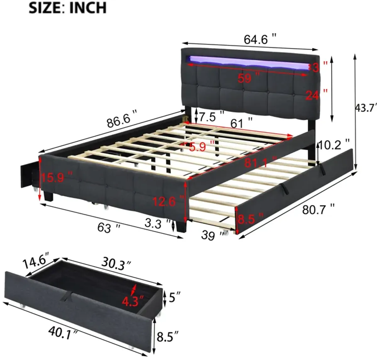 Upholstered Platform Bed with LED Frame, Trundle, Drawers