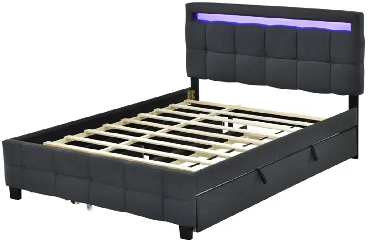 Upholstered Platform Bed with LED Frame, Trundle, Drawers