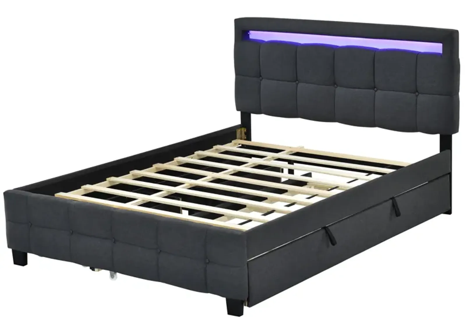 Upholstered Platform Bed with LED Frame, Trundle, Drawers