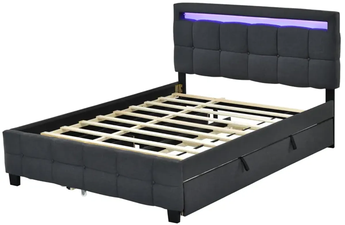 Upholstered Platform Bed with LED Frame, Trundle, Drawers