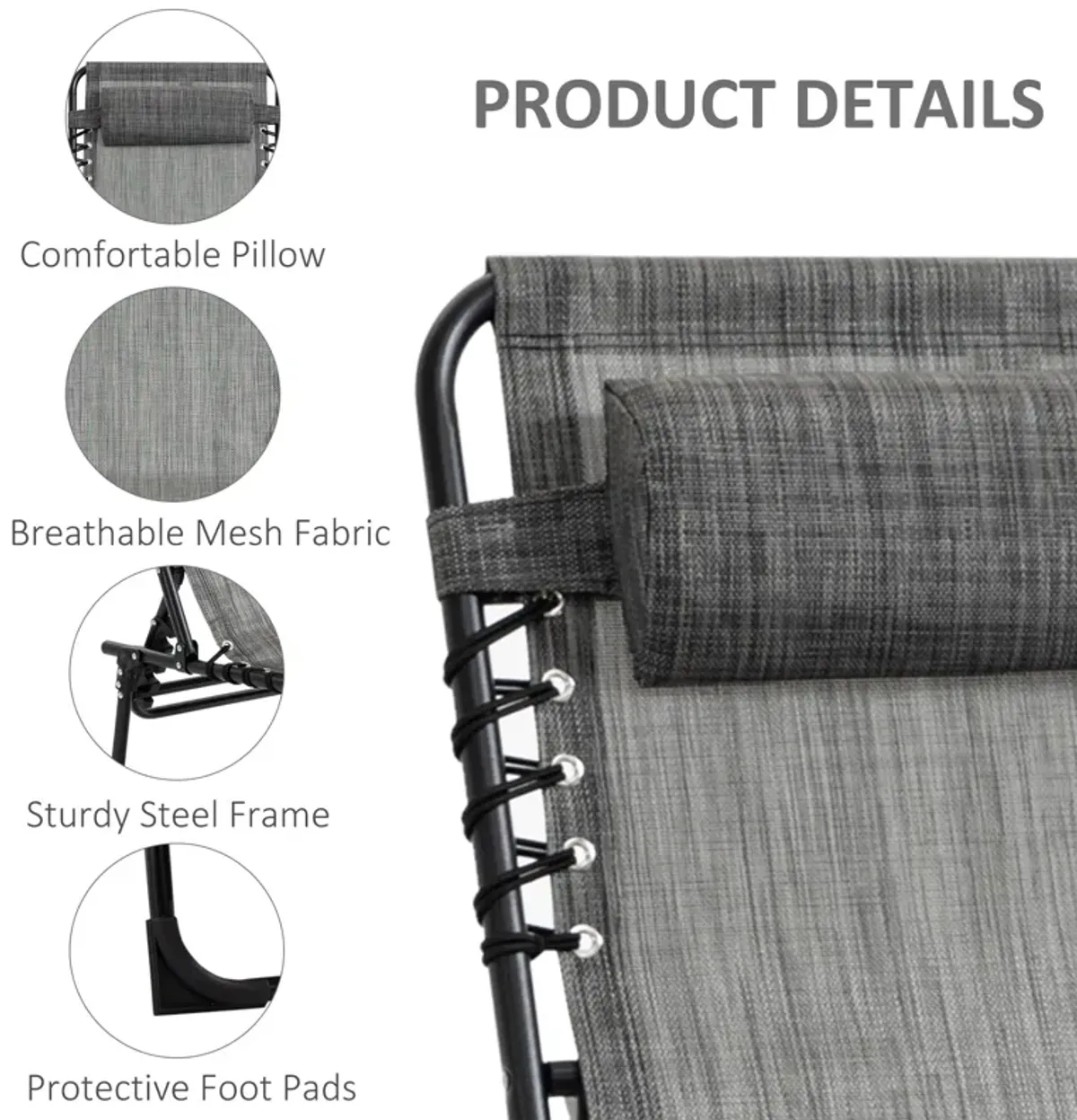 Grey Patio Lounger: Folding Chaise with 5-Level Adjustable Back