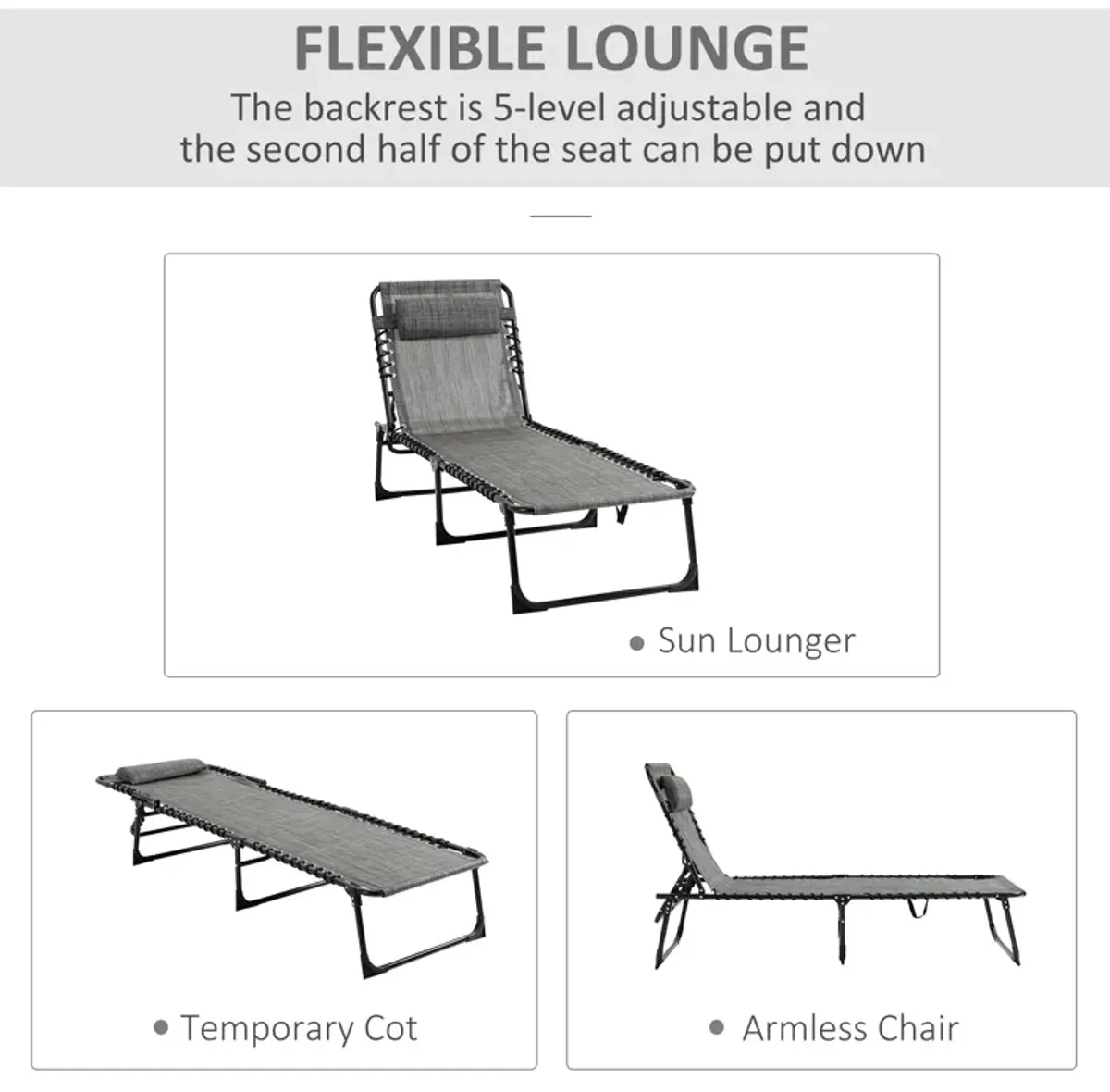 Grey Patio Lounger: Folding Chaise with 5-Level Adjustable Back