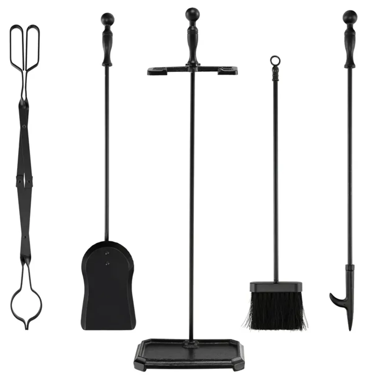 5-Piece Fireplace Tool Set with Tong Brush Shovel Poker Stand-Black