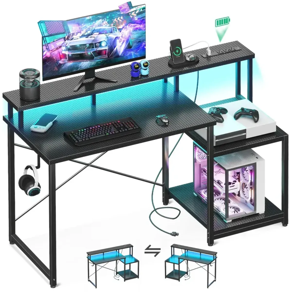 AODK Computer Desk, 48 Inch Gaming Desk with Led Lights & Power Outlet, Office Desk with Printer Storage Shelves, Reversible Des