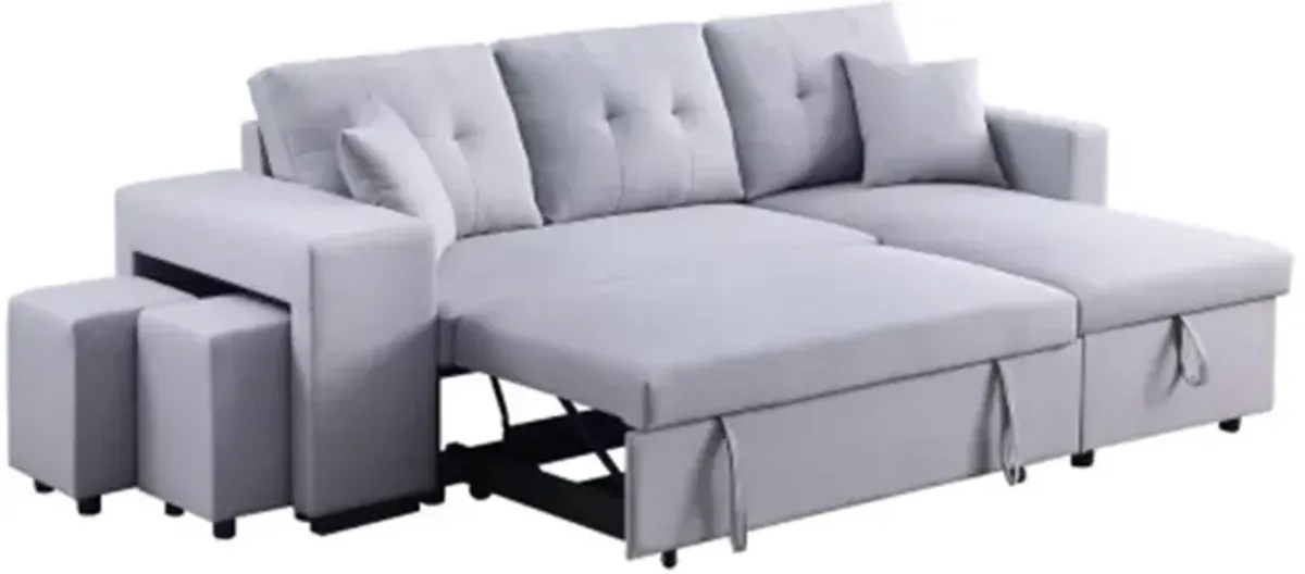 Light Gray Linen Fabric Reversible Sleeper Sectional with Storage Chaise and 2 Stools