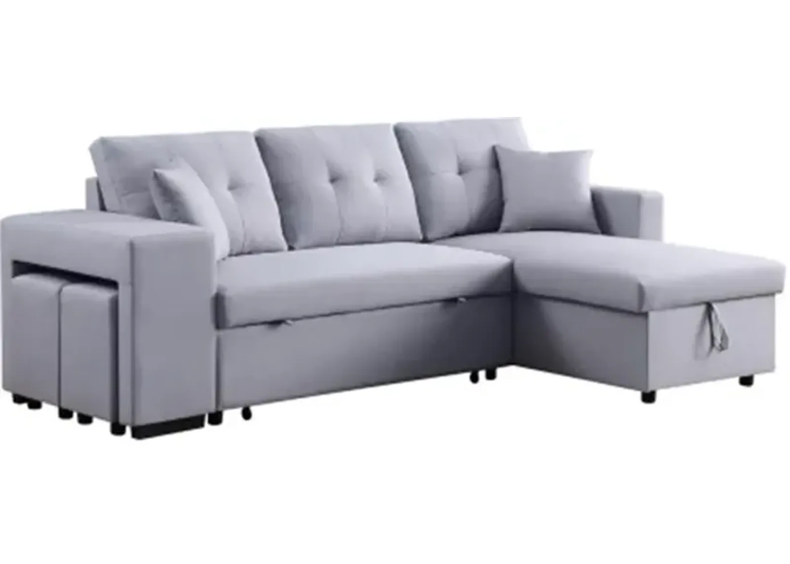 Light Gray Linen Fabric Reversible Sleeper Sectional with Storage Chaise and 2 Stools