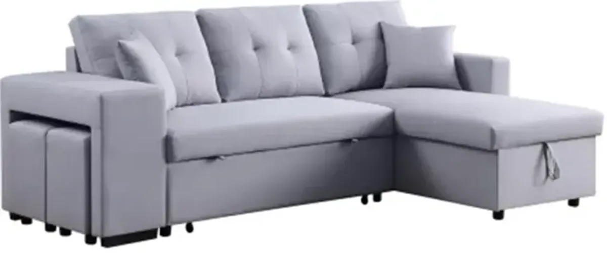 Light Gray Linen Fabric Reversible Sleeper Sectional with Storage Chaise and 2 Stools