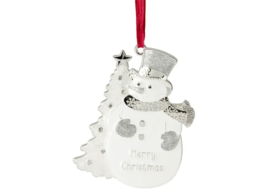 3.5" White Silver-Plated Snowman Merry Christmas Ornament with European Crystals